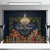 Aperturee - Aperturee Elegant Christmas Photography Backdrop Dark Blue Wall with Garland and Presents Luxury Holiday Photo Background