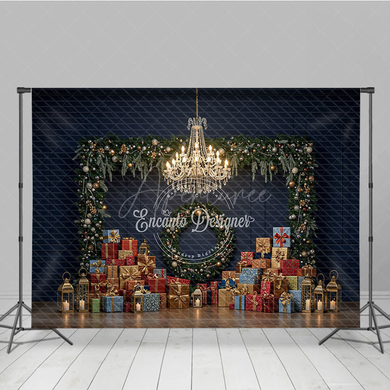 Aperturee - Aperturee Elegant Christmas Photography Backdrop Dark Blue Wall with Garland and Presents Luxury Holiday Photo Background