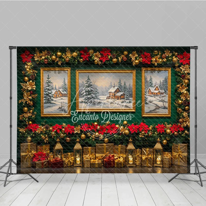 Aperturee - Aperturee Elegant Christmas Photography Backdrop Green Wall with Poinsettia Garland Snowy Landscape Art Background