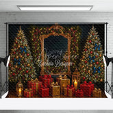 Aperturee - Aperturee Elegant Christmas Photography Backdrop Ornate Gold Mirror with Red and Blue Holiday Mini Session Background