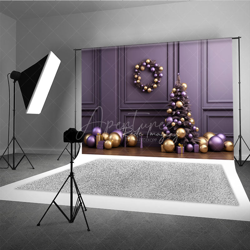 Aperturee Aperturee Elegant Christmas Photography Backdrop Purple and Gold Ornaments with Xmas Tree Modern Holiday Studio Photo Prop