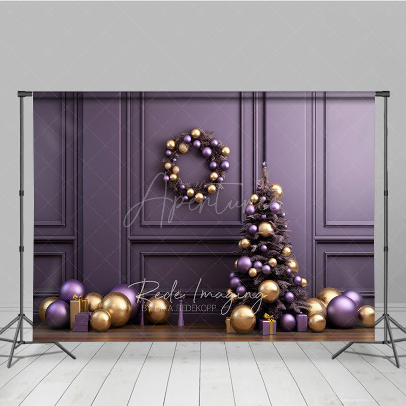 Aperturee Aperturee Elegant Christmas Photography Backdrop Purple and Gold Ornaments with Xmas Tree Modern Holiday Studio Photo Prop