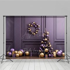 Aperturee Aperturee Elegant Christmas Photography Backdrop Purple and Gold Ornaments with Xmas Tree Modern Holiday Studio Photo Prop