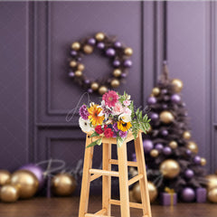 Aperturee Aperturee Elegant Christmas Photography Backdrop Purple and Gold Ornaments with Xmas Tree Modern Holiday Studio Photo Prop