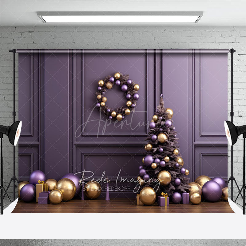 Aperturee Aperturee Elegant Christmas Photography Backdrop Purple and Gold Ornaments with Xmas Tree Modern Holiday Studio Photo Prop