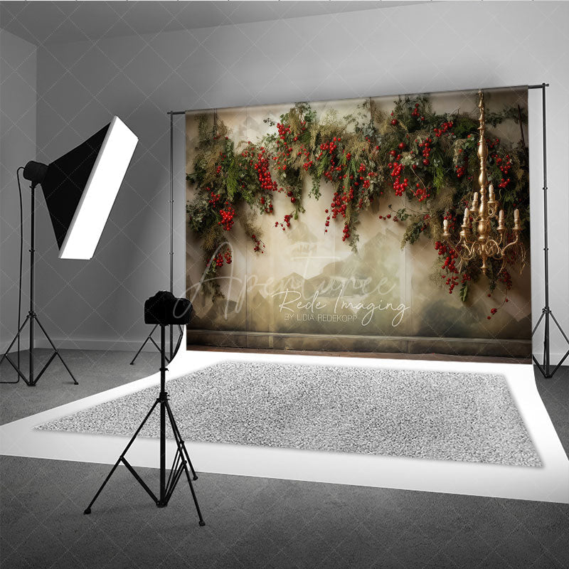 Aperturee Aperturee Elegant Christmas Photography Backdrop Wall Mural with Red Berry Garland Gold Chandelier Holiday Photo Prop