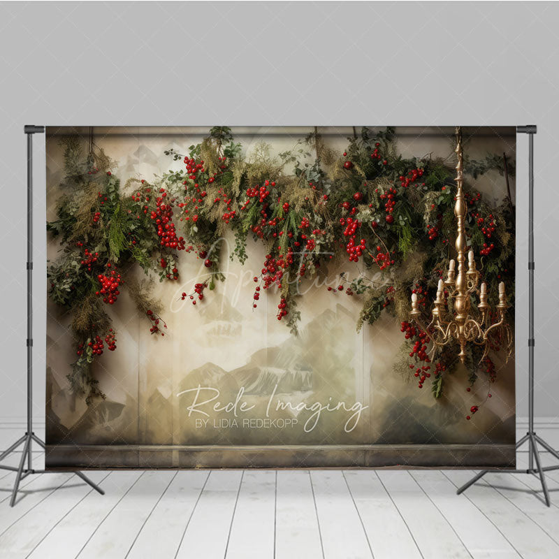 Aperturee Aperturee Elegant Christmas Photography Backdrop Wall Mural with Red Berry Garland Gold Chandelier Holiday Photo Prop