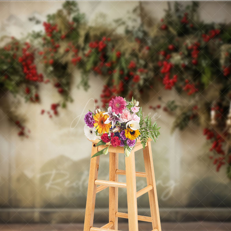 Aperturee Aperturee Elegant Christmas Photography Backdrop Wall Mural with Red Berry Garland Gold Chandelier Holiday Photo Prop