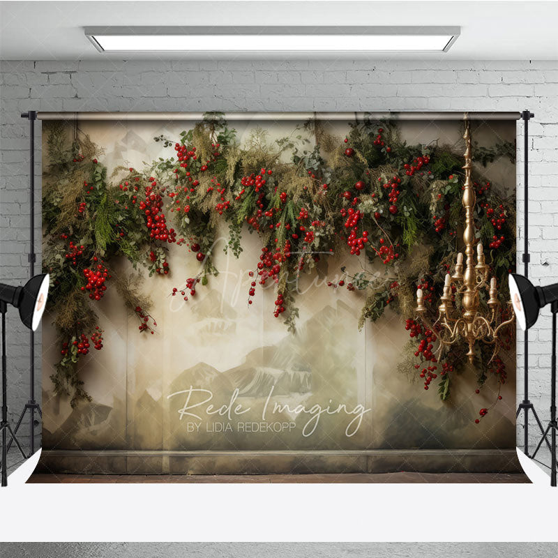 Aperturee Aperturee Elegant Christmas Photography Backdrop Wall Mural with Red Berry Garland Gold Chandelier Holiday Photo Prop