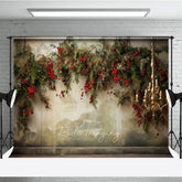 Aperturee Aperturee Elegant Christmas Photography Backdrop Wall Mural with Red Berry Garland Gold Chandelier Holiday Photo Prop
