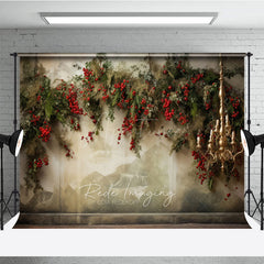 Aperturee Aperturee Elegant Christmas Photography Backdrop Wall Mural with Red Berry Garland Gold Chandelier Holiday Photo Prop