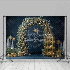 Aperturee - Aperturee Elegant Christmas Pine Arch Photography Backdrop Flocked Garland with Gold Ornaments Modern Navy Blue Holiday