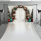 Aperturee - Aperturee Elegant Christmas Sweep Backdrop with Festive Red Gold and Teal Ornaments Luxurious Holiday Party Decor