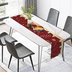 Aperturee - Aperturee Elegant Christmas Table Runner Red and Gold Reindeer Trees and Snowflakes Holiday Table Decor