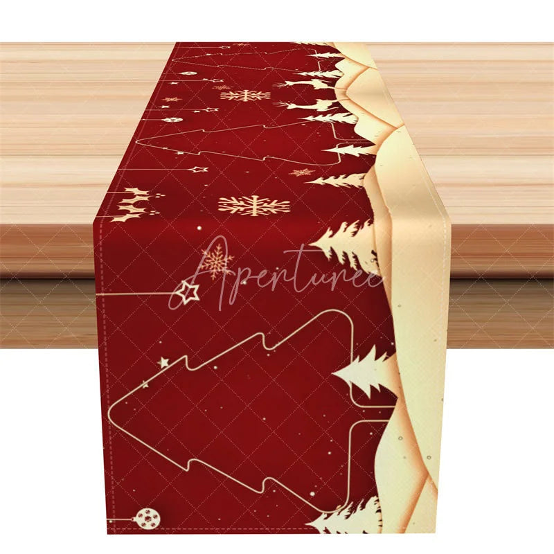 Aperturee - Aperturee Elegant Christmas Table Runner Red and Gold Reindeer Trees and Snowflakes Holiday Table Decor