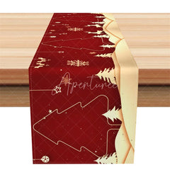 Aperturee - Aperturee Elegant Christmas Table Runner Red and Gold Reindeer Trees and Snowflakes Holiday Table Decor