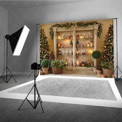Aperturee - Aperturee Elegant Christmas Tree and Gingerbread House Holiday Backdrop Festive Cabinet Decor with Warm Lights for Party