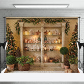Aperturee - Aperturee Elegant Christmas Tree and Gingerbread House Holiday Backdrop Festive Cabinet Decor with Warm Lights for Party