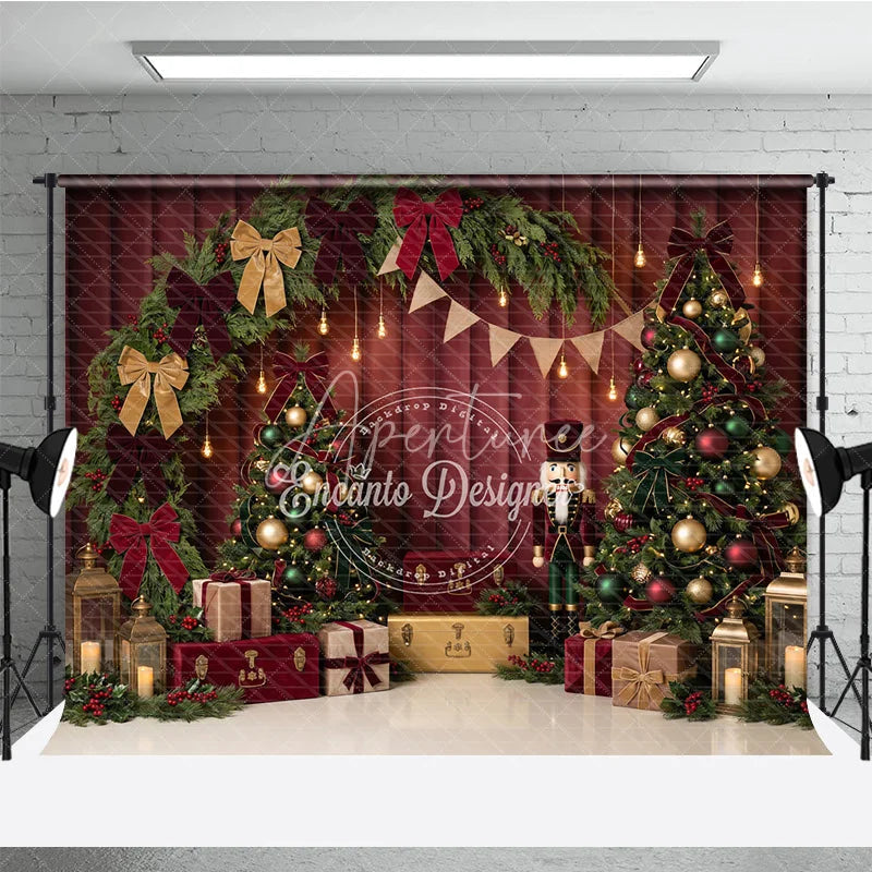 Aperturee - Aperturee Elegant Christmas Trees and Nutcracker Holiday Backdrop featuring Red Bows Gifts and Lanterns for Festive Party Decor