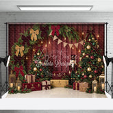 Aperturee - Aperturee Elegant Christmas Trees and Nutcracker Holiday Backdrop featuring Red Bows Gifts and Lanterns for Festive Party Decor