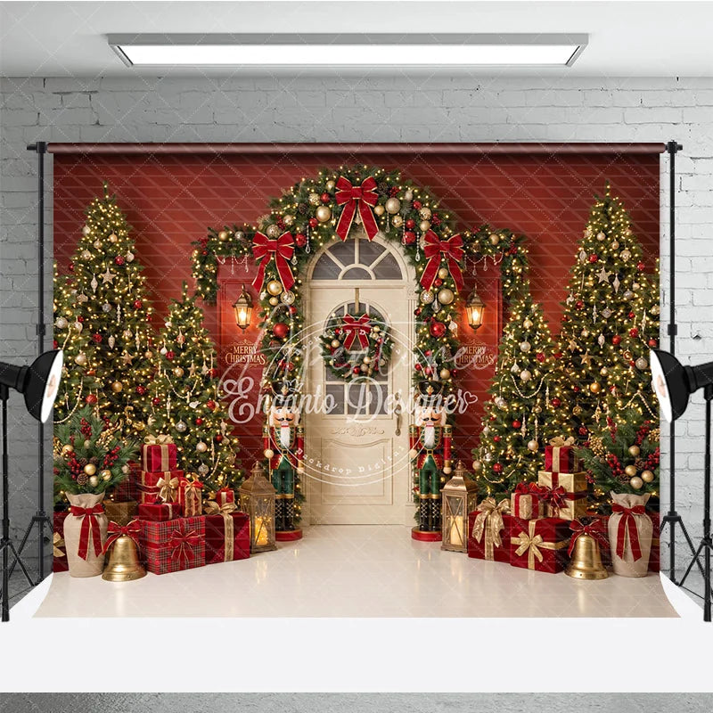 Aperturee - Aperturee Elegant Christmas Trees and Red Bows Holiday Backdrop Festive Golden Ornaments and Nutcracker Decor