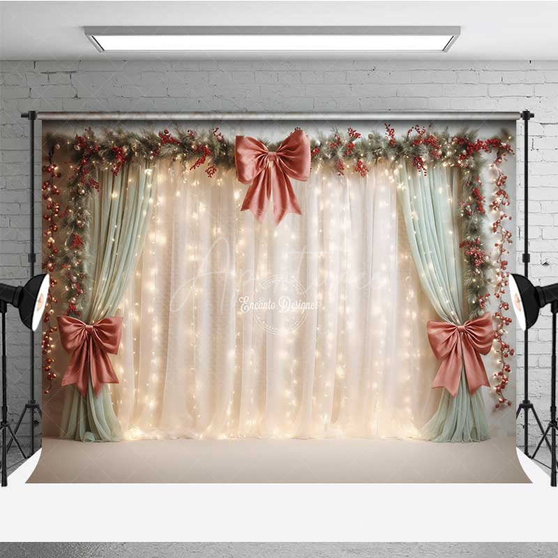 Aperturee - Aperturee Elegant Christmas Wedding Photography Backdrop Cream Curtains with Red Bows Holiday Stage with Fairy Lights