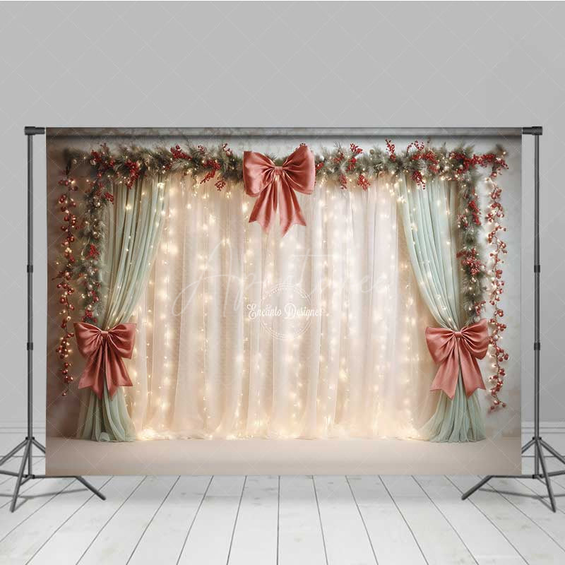Aperturee - Aperturee Elegant Christmas Wedding Photography Backdrop Cream Curtains with Red Bows Holiday Stage with Fairy Lights