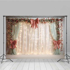 Aperturee - Aperturee Elegant Christmas Wedding Photography Backdrop Cream Curtains with Red Bows Holiday Stage with Fairy Lights