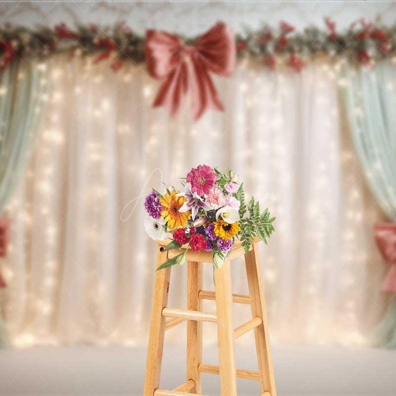Aperturee - Aperturee Elegant Christmas Wedding Photography Backdrop Cream Curtains with Red Bows Holiday Stage with Fairy Lights