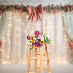 Aperturee - Aperturee Elegant Christmas Wedding Photography Backdrop Cream Curtains with Red Bows Holiday Stage with Fairy Lights