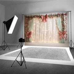 Aperturee - Aperturee Elegant Christmas Wedding Photography Backdrop Cream Curtains with Red Bows Holiday Stage with Fairy Lights