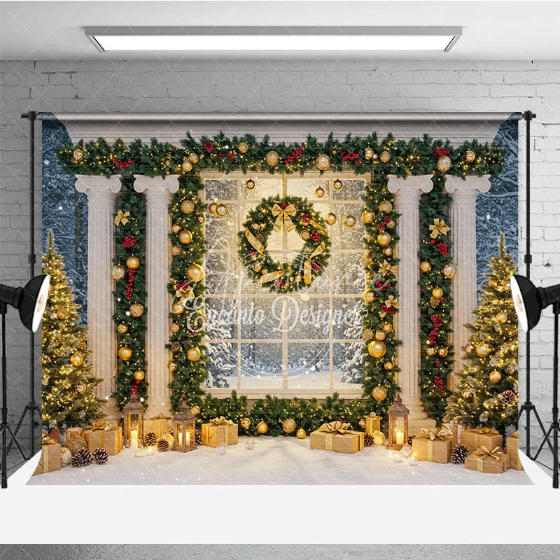 Aperturee - Aperturee Elegant Christmas Window Photography Backdrop Grand Columns with Garland Snowy Holiday Mini Session Background