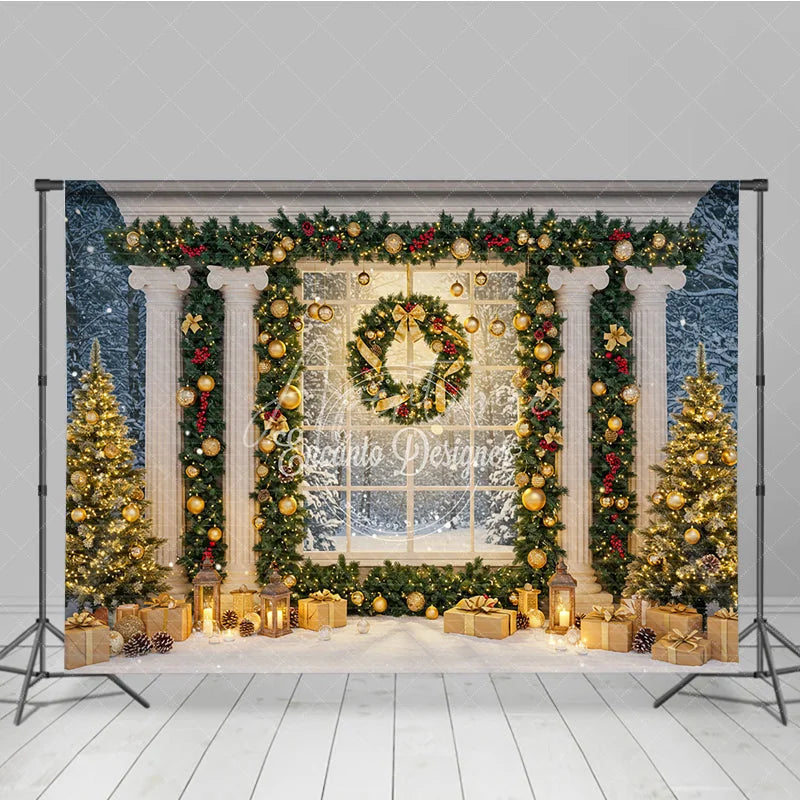 Aperturee - Aperturee Elegant Christmas Window Photography Backdrop Grand Columns with Garland Snowy Holiday Mini Session Background