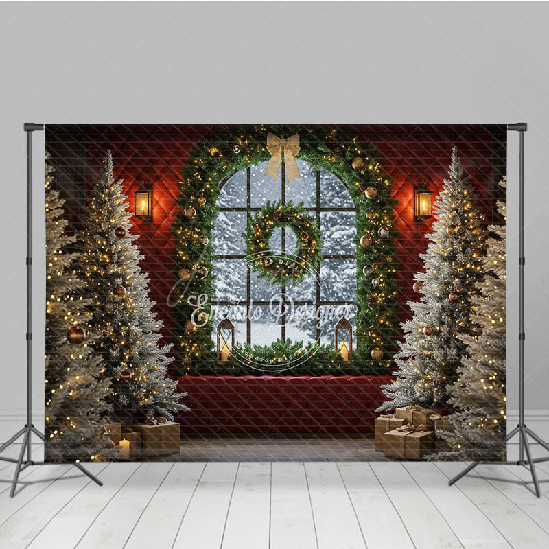Aperturee - Aperturee Elegant Christmas Window Photography Backdrop Red Wall with Garland and Flocked Trees Holiday Photo Background