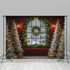 Aperturee - Aperturee Elegant Christmas Window Photography Backdrop Red Wall with Garland and Flocked Trees Holiday Photo Background