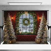 Aperturee - Aperturee Elegant Christmas Window Photography Backdrop Red Wall with Garland and Flocked Trees Holiday Photo Background