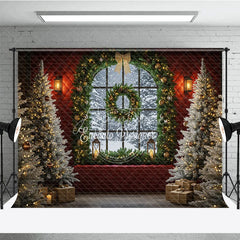 Aperturee - Aperturee Elegant Christmas Window Photography Backdrop Red Wall with Garland and Flocked Trees Holiday Photo Background