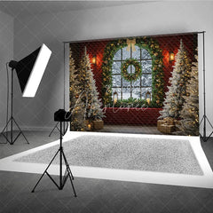 Aperturee - Aperturee Elegant Christmas Window Photography Backdrop Red Wall with Garland and Flocked Trees Holiday Photo Background
