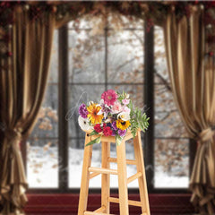 Aperturee Aperturee Elegant Christmas Window Photography Backdrop Snowy Winter Forest View with Gold Curtains Holiday Portrait Studio Prop