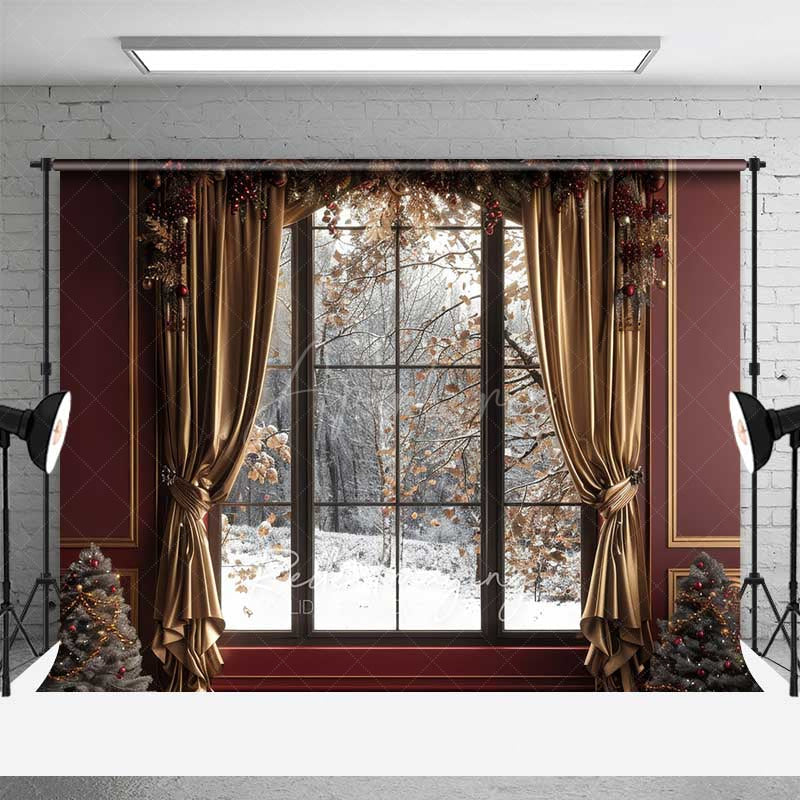 Aperturee Aperturee Elegant Christmas Window Photography Backdrop Snowy Winter Forest View with Gold Curtains Holiday Portrait Studio Prop