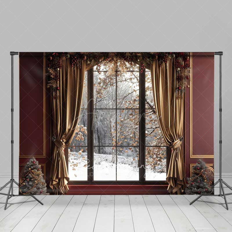 Aperturee Aperturee Elegant Christmas Window Photography Backdrop Snowy Winter Forest View with Gold Curtains Holiday Portrait Studio Prop