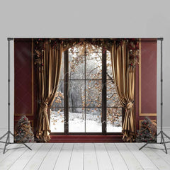 Aperturee Aperturee Elegant Christmas Window Photography Backdrop Snowy Winter Forest View with Gold Curtains Holiday Portrait Studio Prop