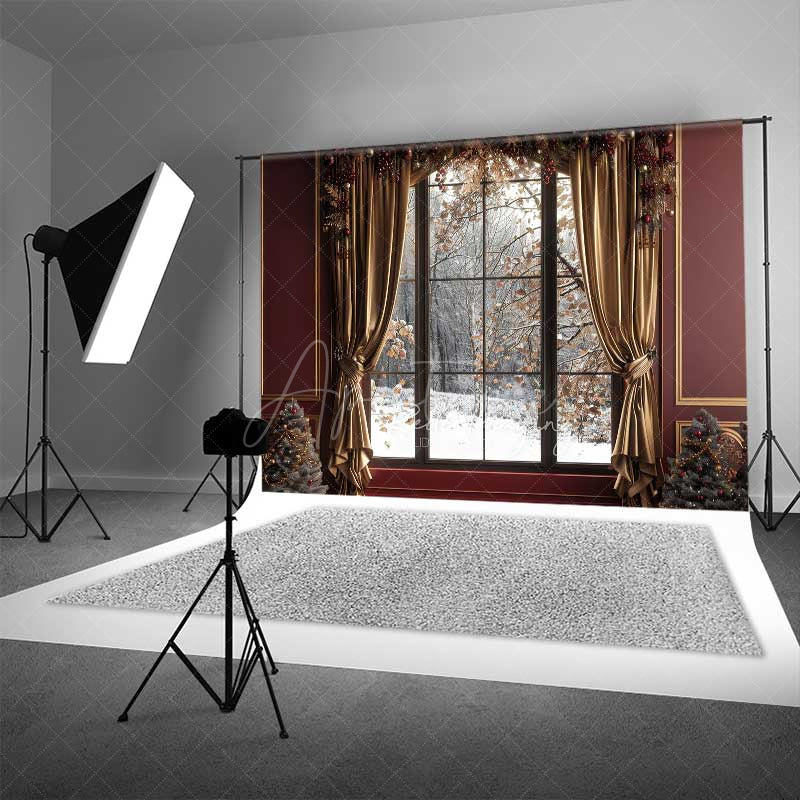 Aperturee Aperturee Elegant Christmas Window Photography Backdrop Snowy Winter Forest View with Gold Curtains Holiday Portrait Studio Prop