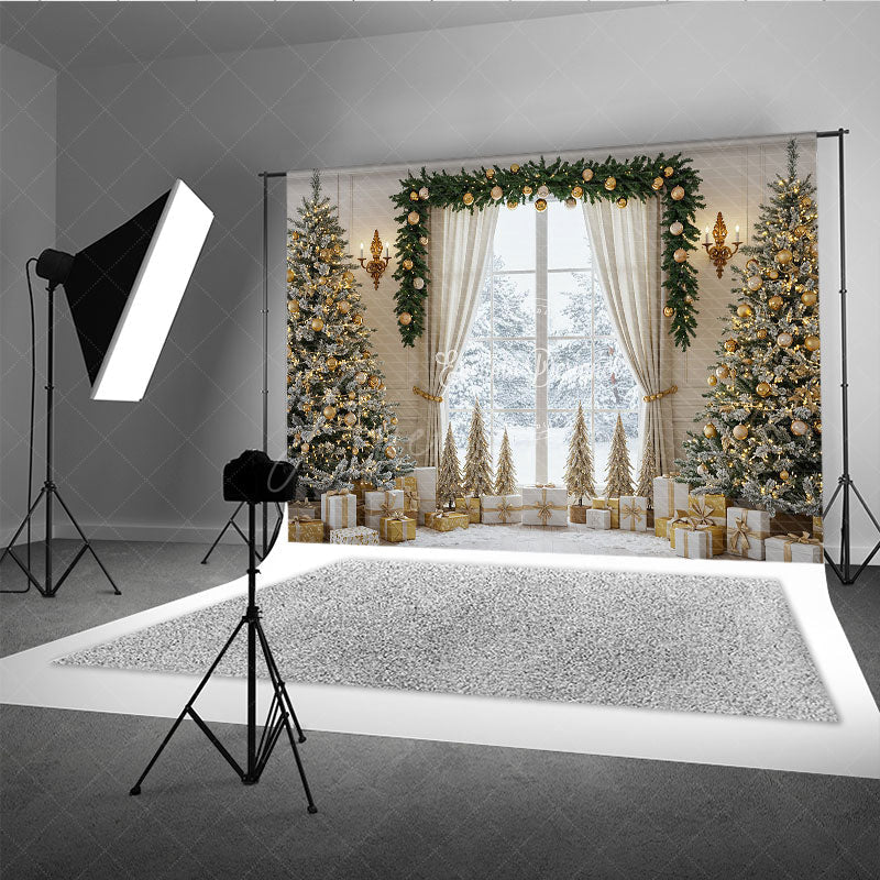 Aperturee - Aperturee Elegant Christmas Window Photography Backdrop White and Gold with Flocked Trees Holiday Mini Session Background