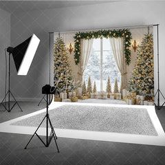 Aperturee - Aperturee Elegant Christmas Window Photography Backdrop White and Gold with Flocked Trees Holiday Mini Session Background