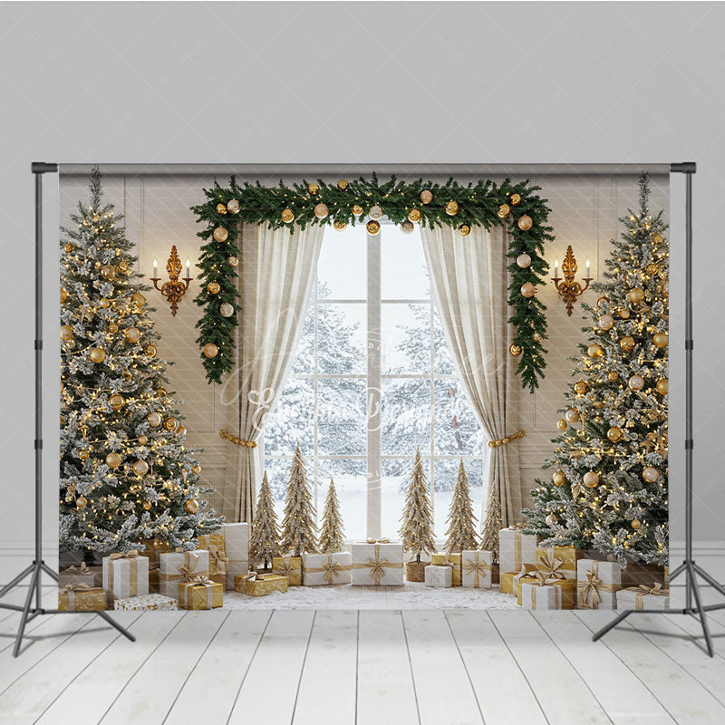 Aperturee - Aperturee Elegant Christmas Window Photography Backdrop White and Gold with Flocked Trees Holiday Mini Session Background