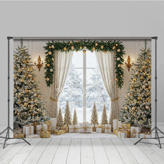Aperturee - Aperturee Elegant Christmas Window Photography Backdrop White and Gold with Flocked Trees Holiday Mini Session Background