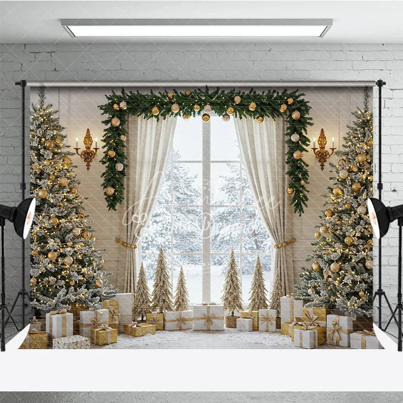 Aperturee - Aperturee Elegant Christmas Window Photography Backdrop White and Gold with Flocked Trees Holiday Mini Session Background