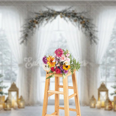 Aperturee - Aperturee Elegant Christmas Window Photography Backdrop White Curtains and Garland Arch Snowy View with Golden Lanterns