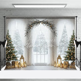 Aperturee - Aperturee Elegant Christmas Window Photography Backdrop White Curtains and Garland Arch Snowy View with Golden Lanterns